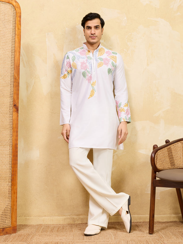 Incredible White Thread Embroidered Silk Festival Wear Men's Kurta