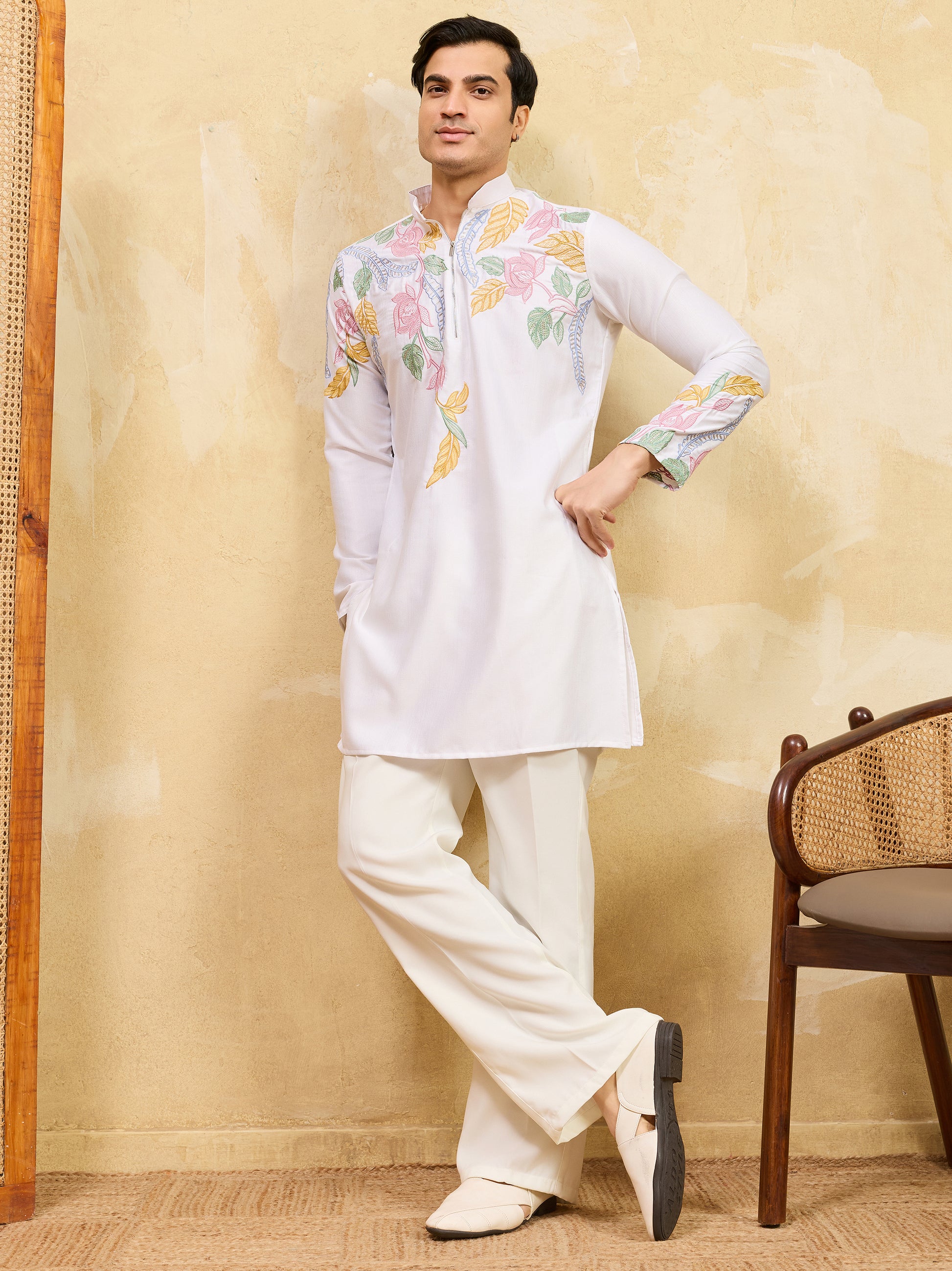 Incredible White Thread Embroidered Silk Festival Wear Men's Kurta