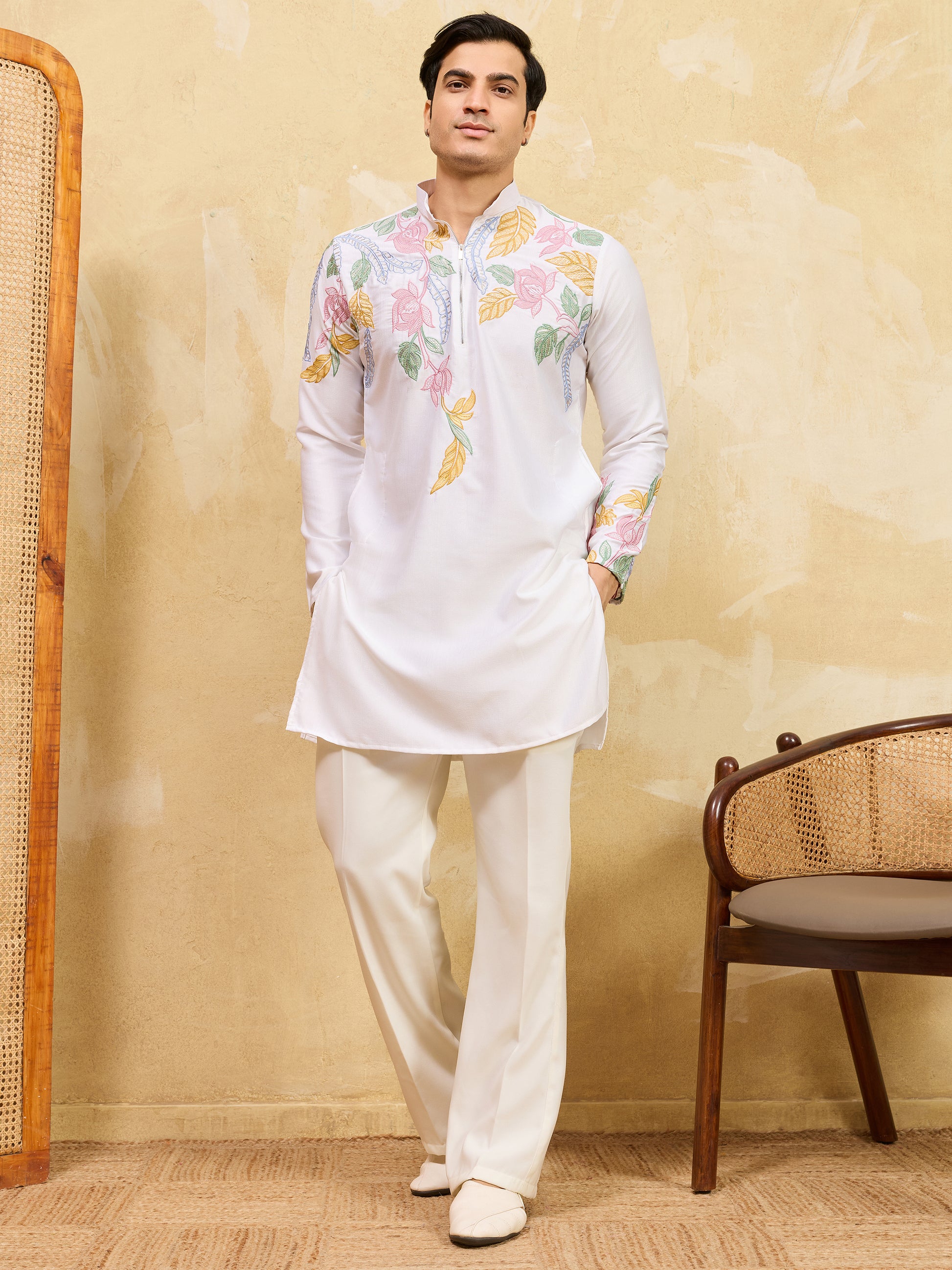 Incredible White Thread Embroidered Silk Festival Wear Men's Kurta