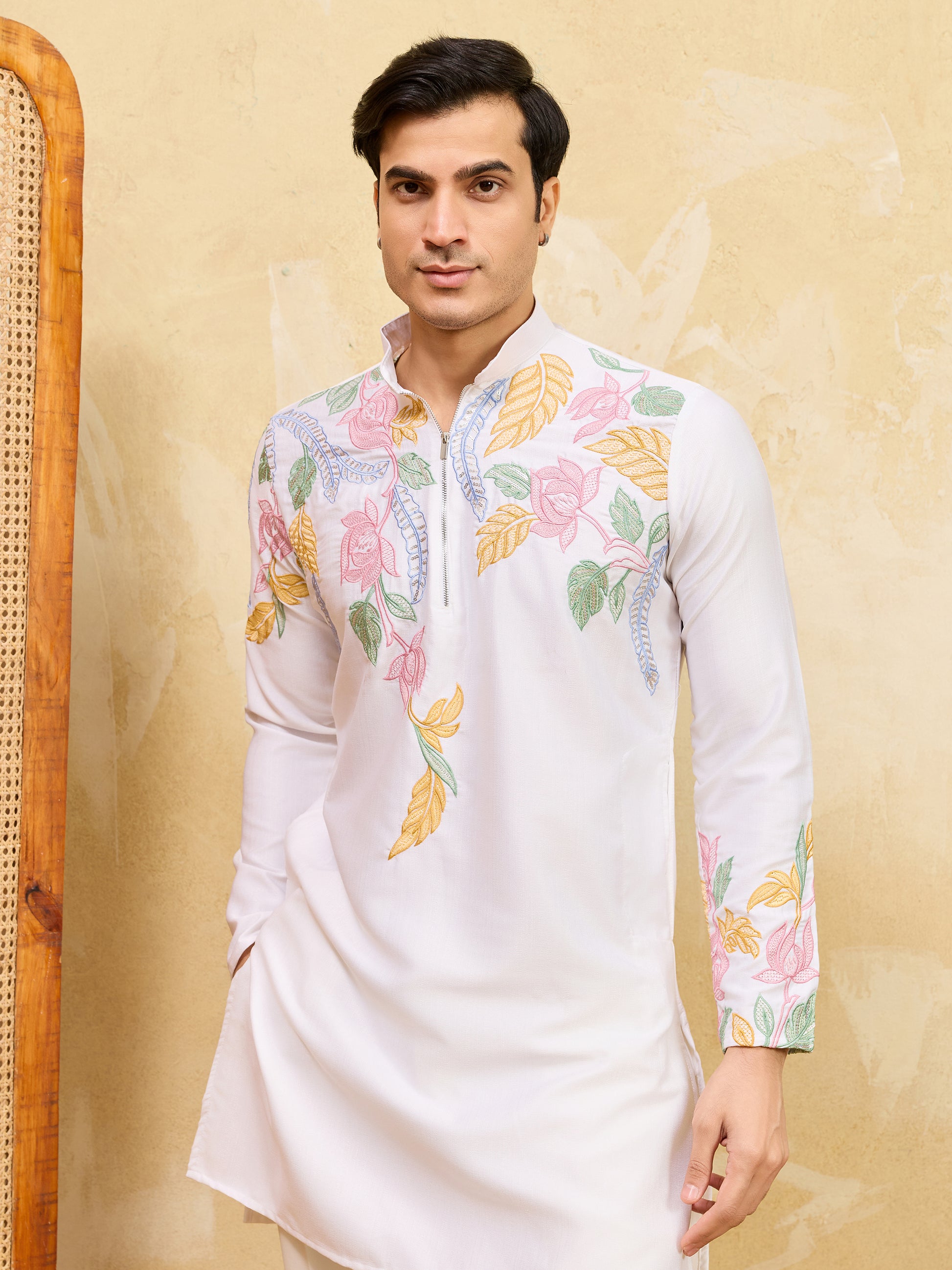 Incredible White Thread Embroidered Silk Festival Wear Men's Kurta