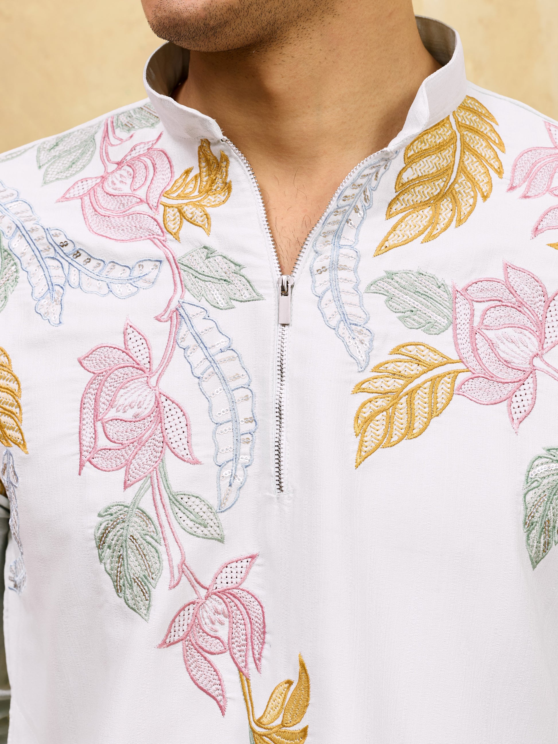 Incredible White Thread Embroidered Silk Festival Wear Men's Kurta