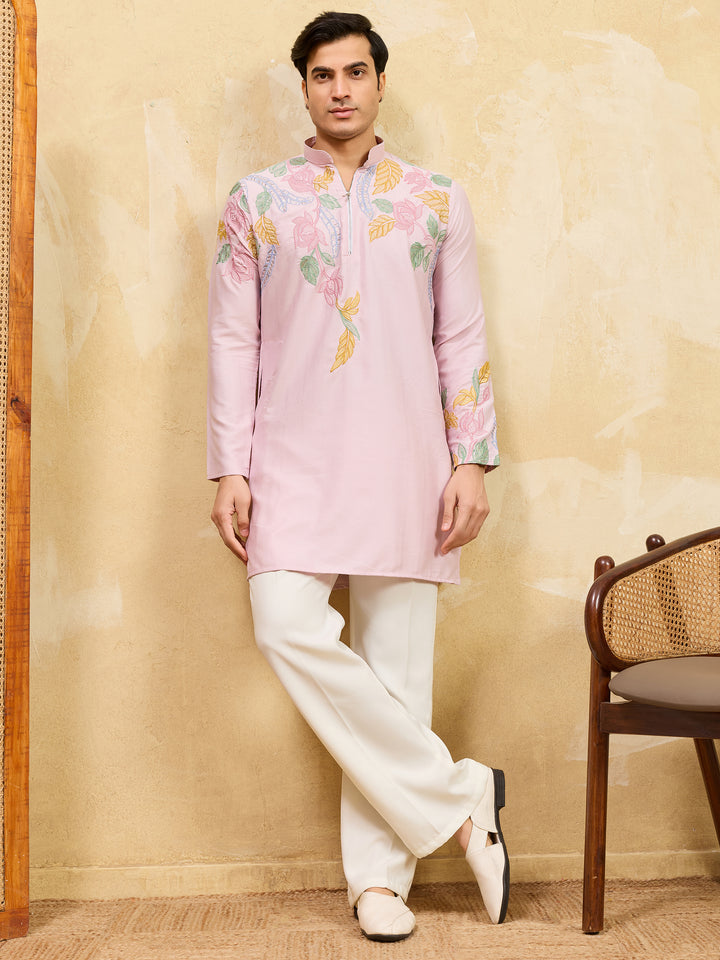 Attractive Pink Thread Work Silk Engagement Wear Men's Kurta