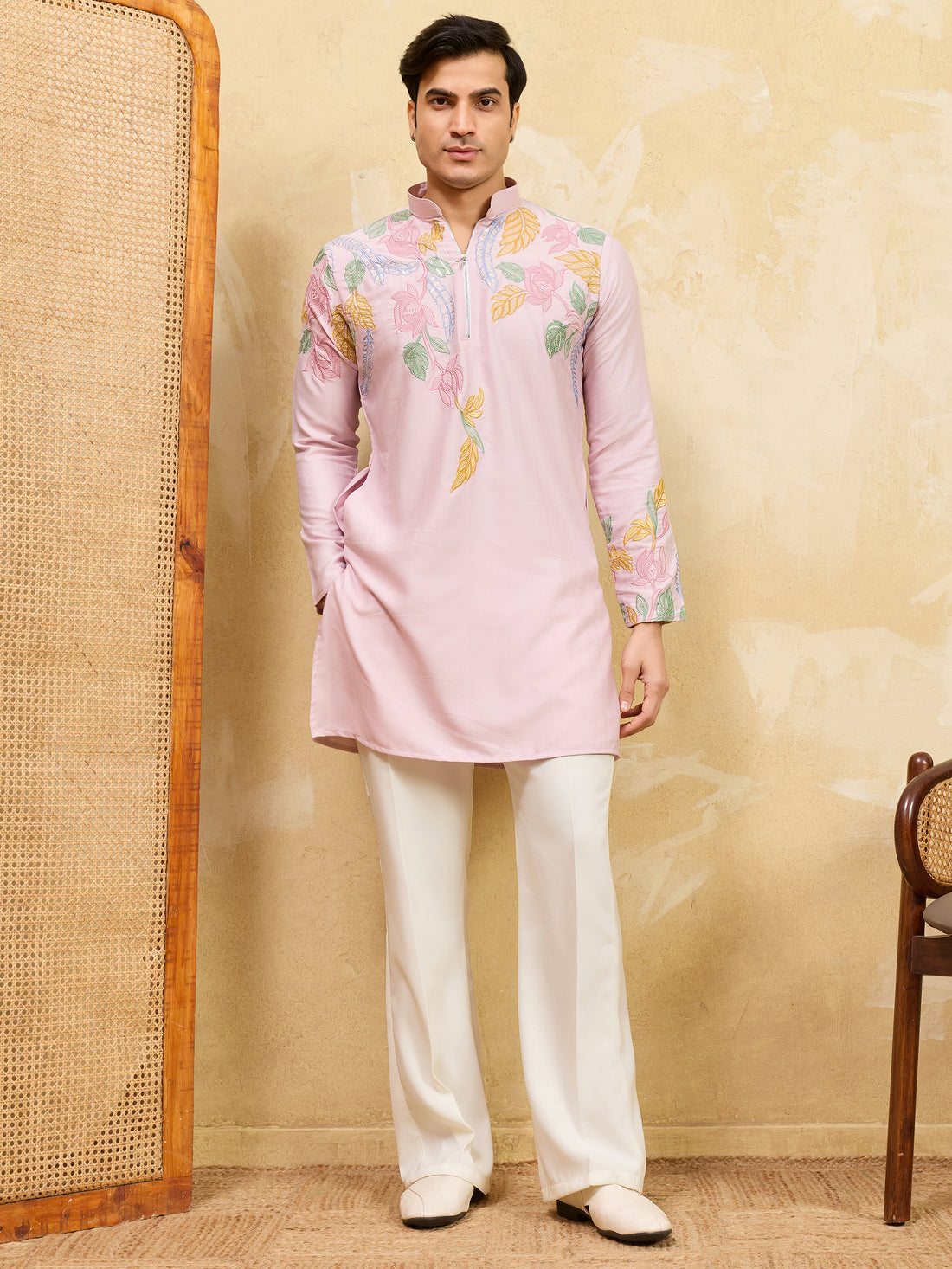 Attractive Pink Thread Work Silk Engagement Wear Men's Kurta