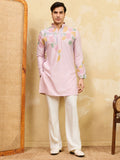 Attractive Pink Thread Work Silk Engagement Wear Men's Kurta