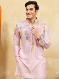 Attractive Pink Thread Work Silk Engagement Wear Men's Kurta