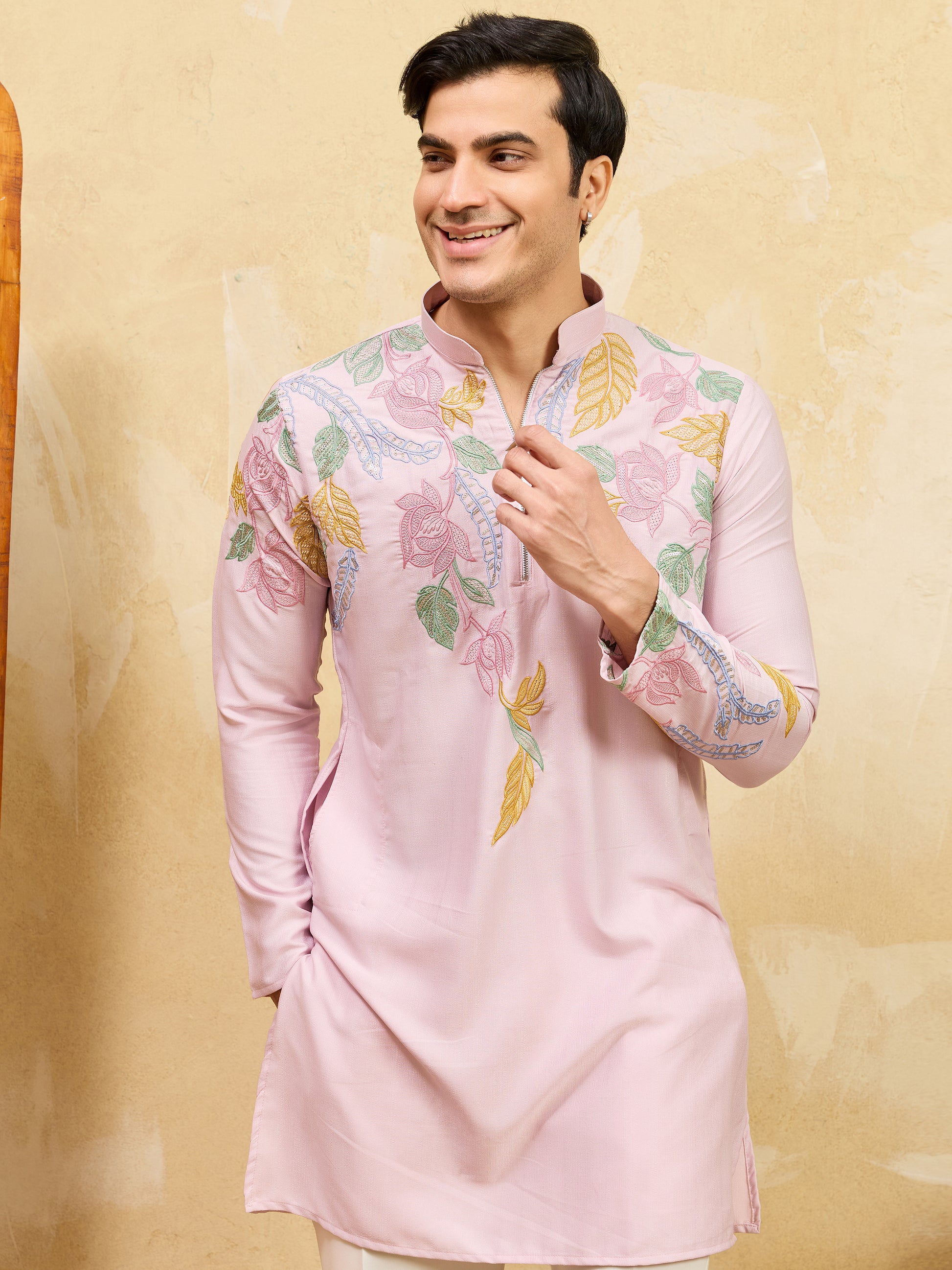 Attractive Pink Thread Work Silk Engagement Wear Men's Kurta