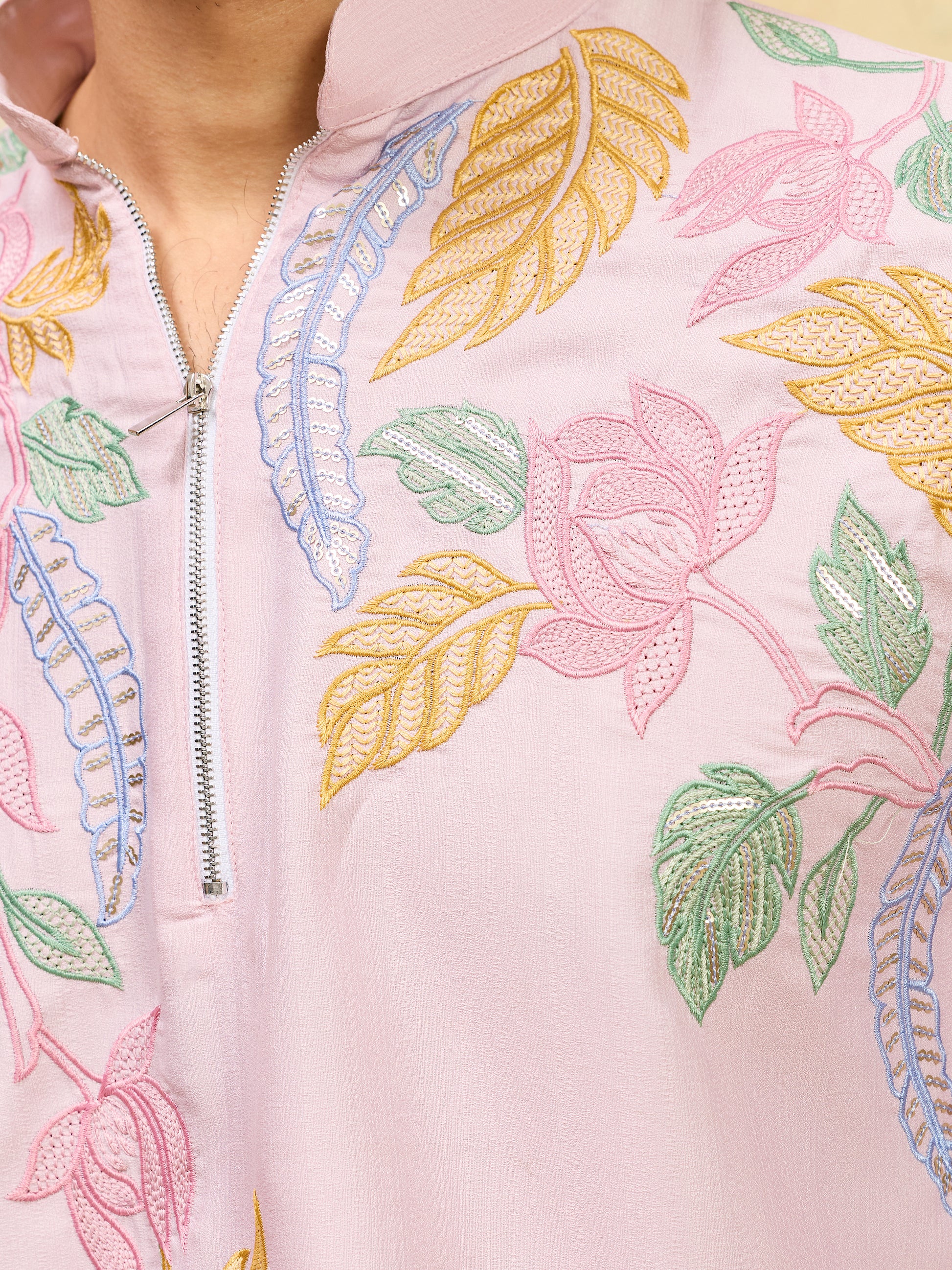 Attractive Pink Thread Work Silk Engagement Wear Men's Kurta