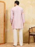 Attractive Pink Thread Work Silk Engagement Wear Men's Kurta