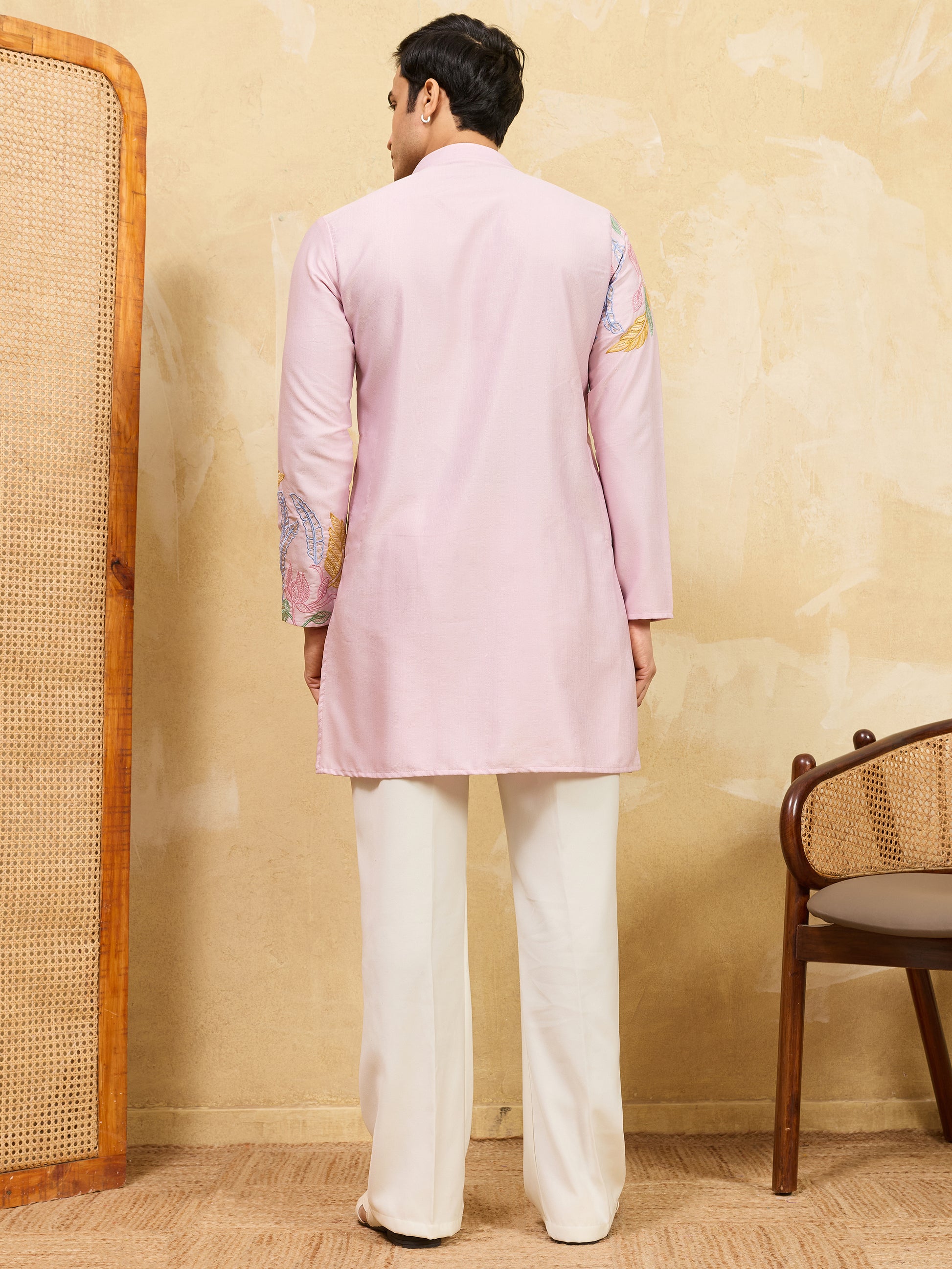 Attractive Pink Thread Work Silk Engagement Wear Men's Kurta