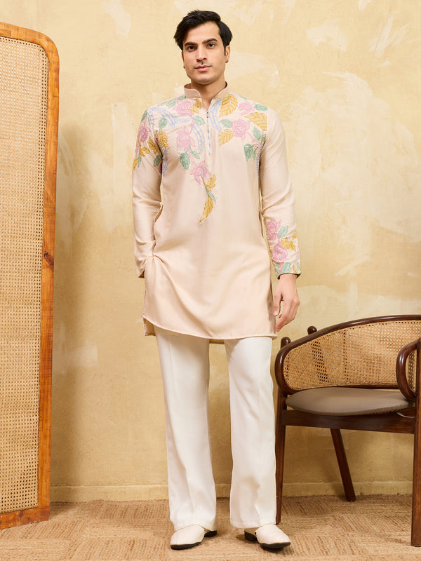 Gorgeous Beige Thread Embroidered Silk Wedding Wear Men's Kurta