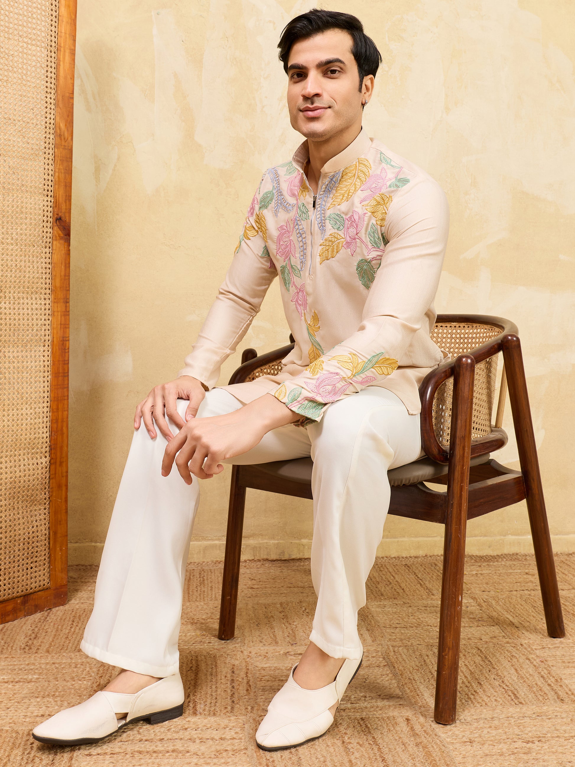 Gorgeous Beige Thread Embroidered Silk Wedding Wear Men's Kurta