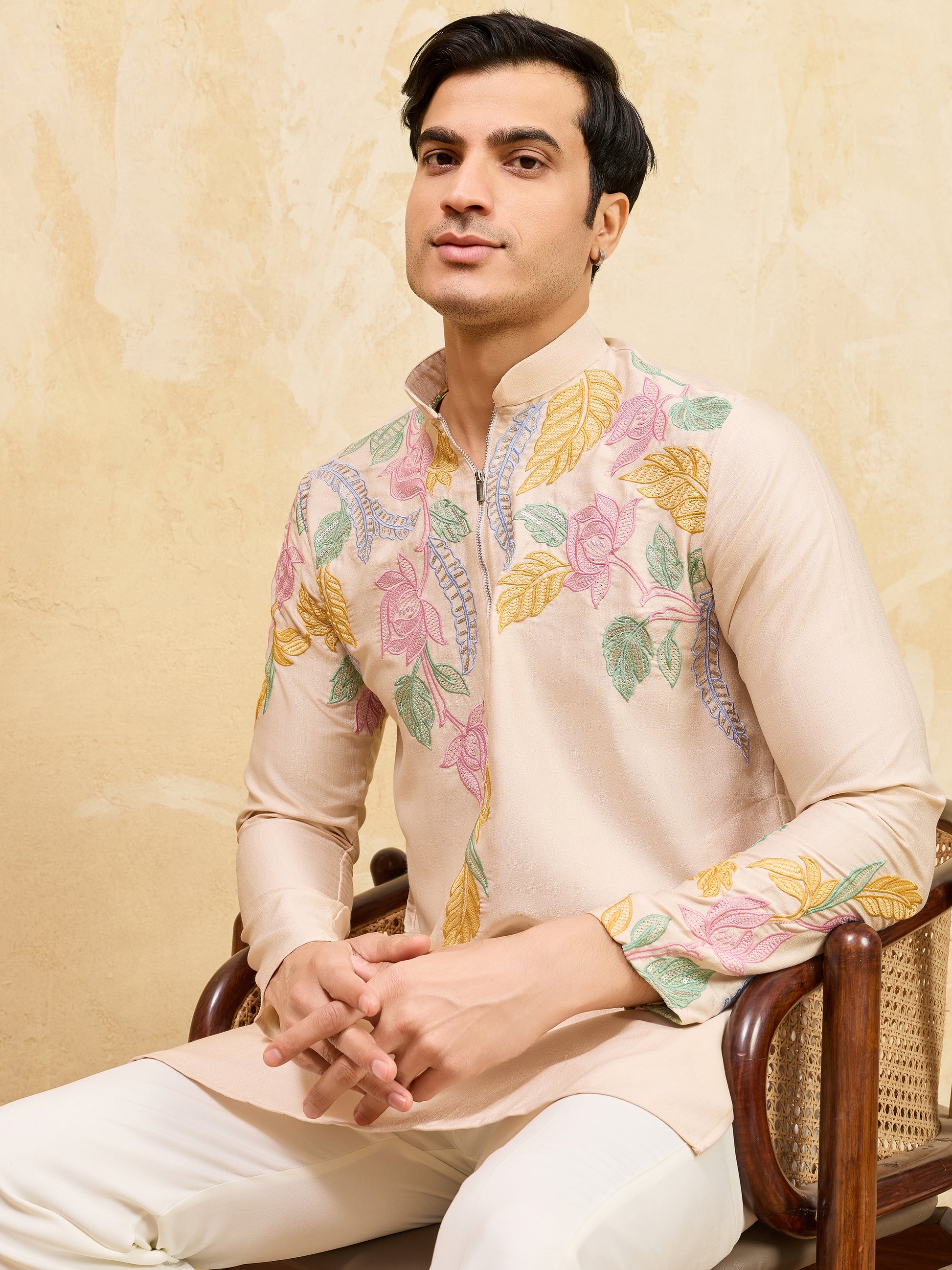 Gorgeous Beige Thread Embroidered Silk Wedding Wear Men's Kurta