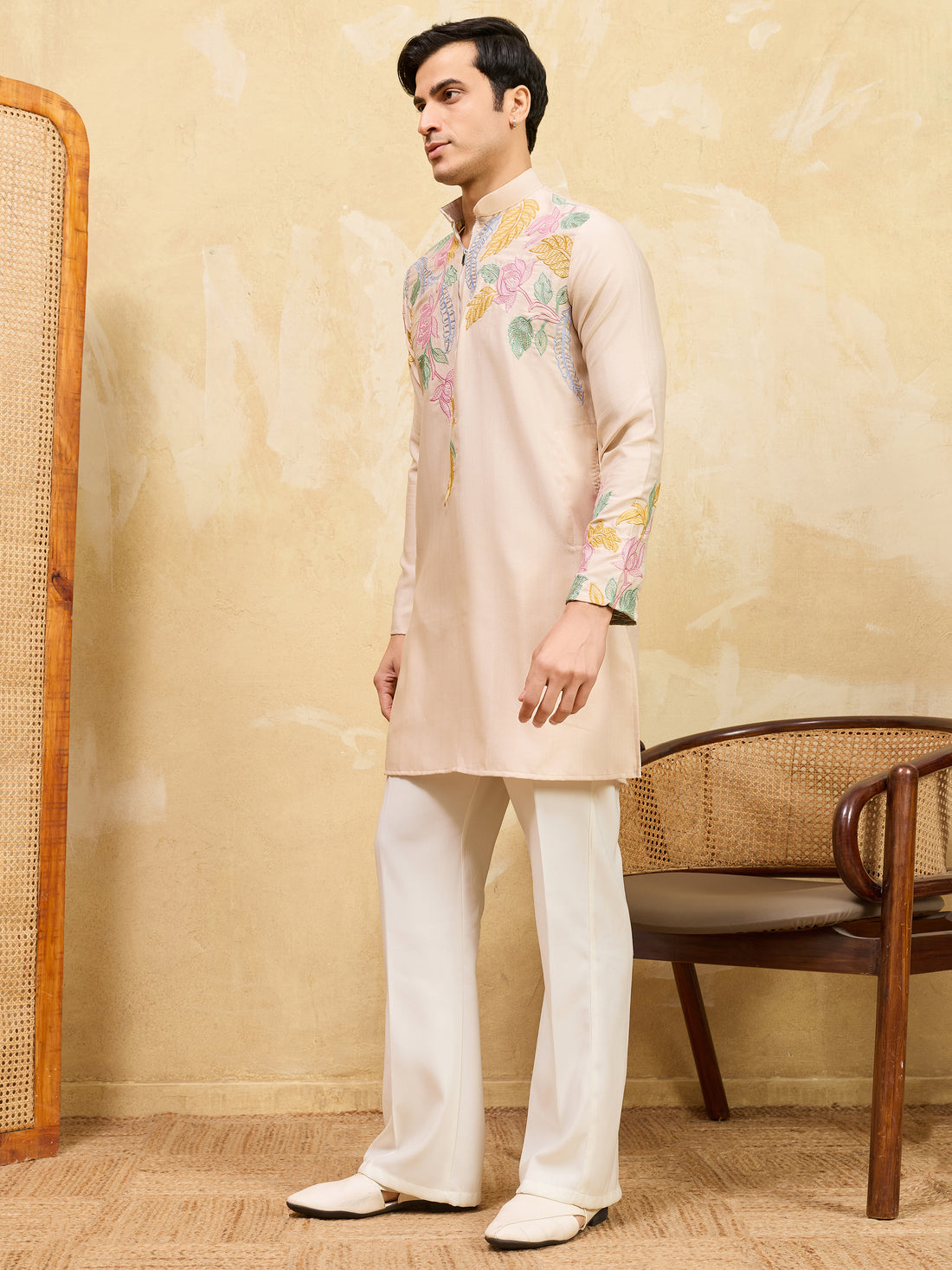 Gorgeous Beige Thread Embroidered Silk Wedding Wear Men's Kurta