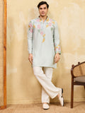 Wonderful Sky-Blue Thread Work Silk Traditional Men's Kurta