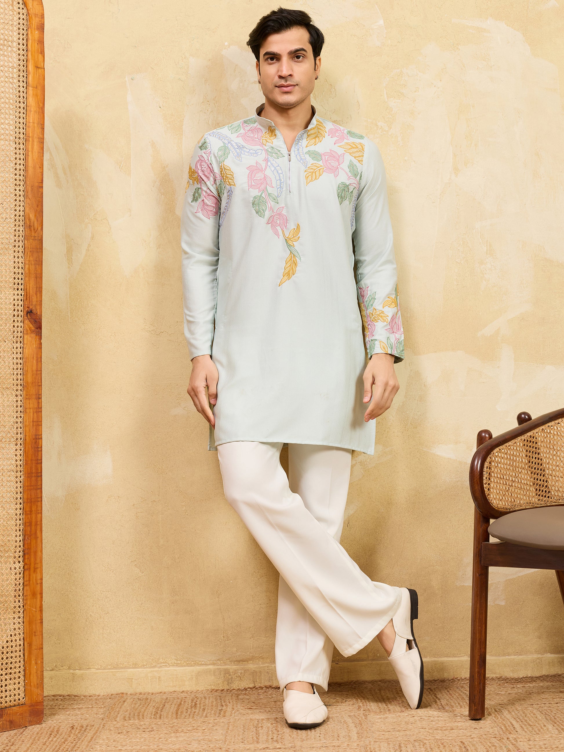 Wonderful Sky-Blue Thread Work Silk Traditional Men's Kurta