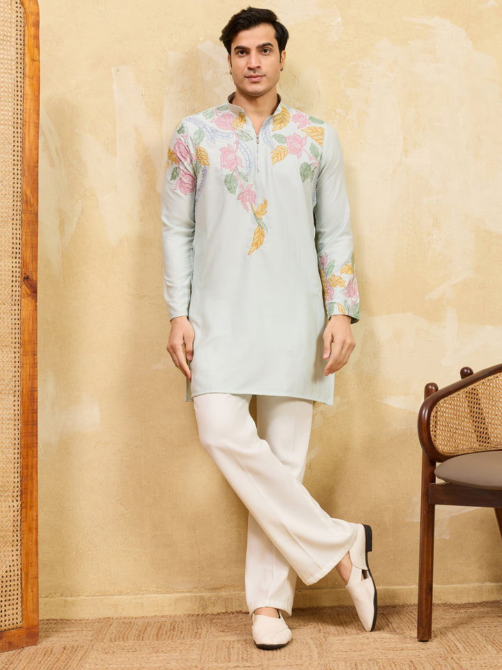 Wonderful Sky-Blue Thread Work Silk Traditional Men's Kurta