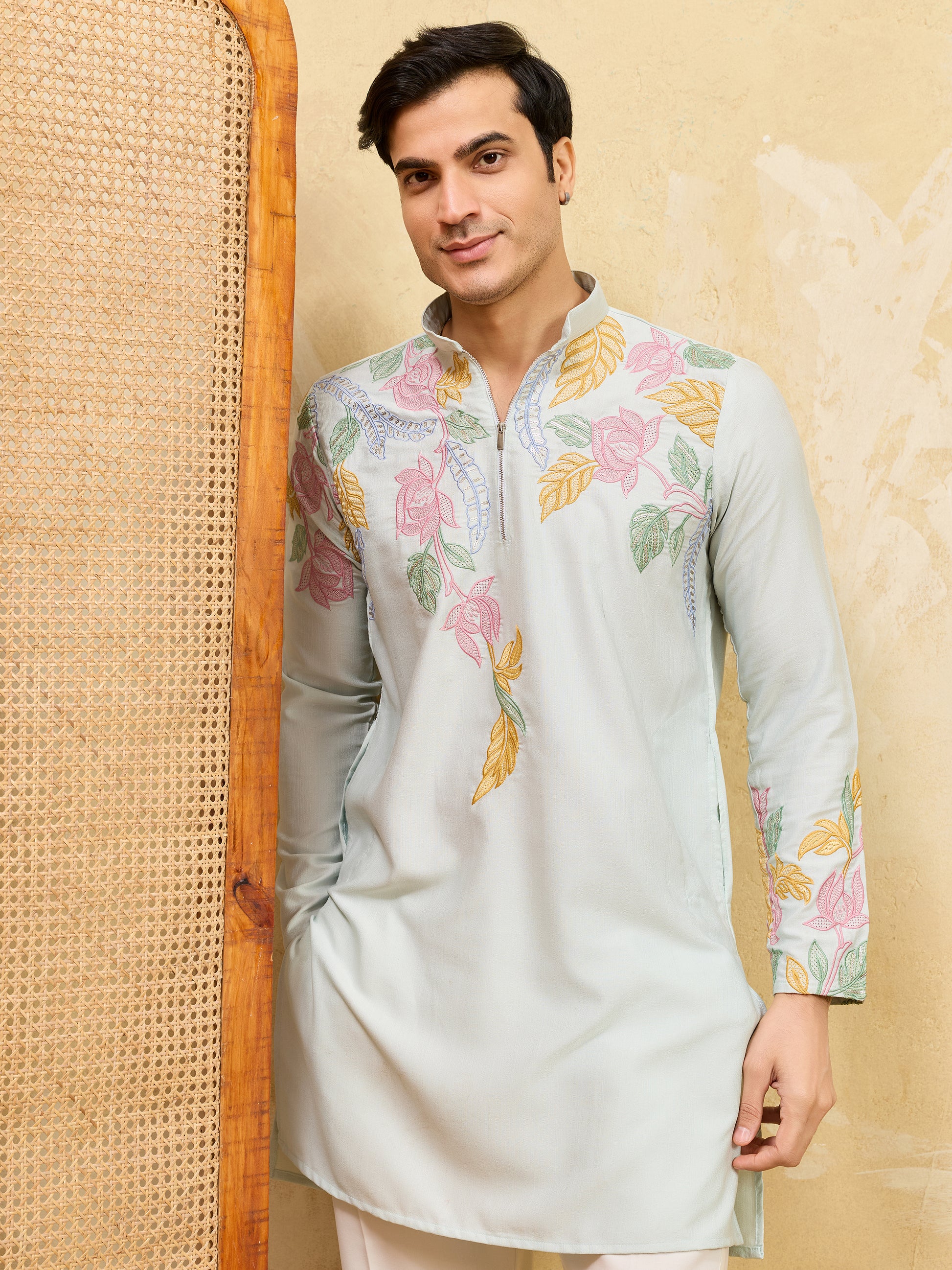 Wonderful Sky-Blue Thread Work Silk Traditional Men's Kurta