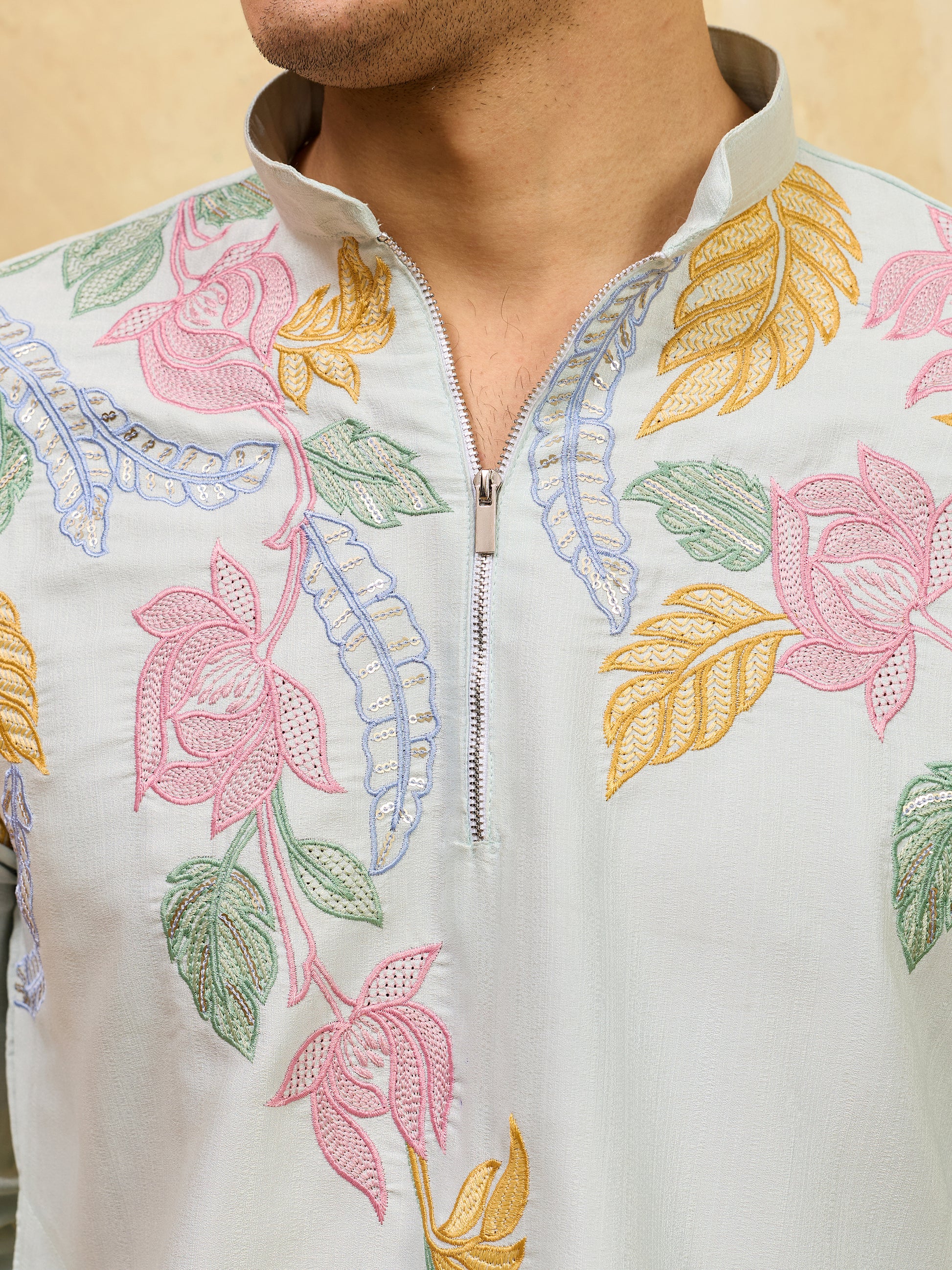 Wonderful Sky-Blue Thread Work Silk Traditional Men's Kurta