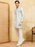 Wonderful Sky-Blue Thread Work Silk Traditional Men's Kurta
