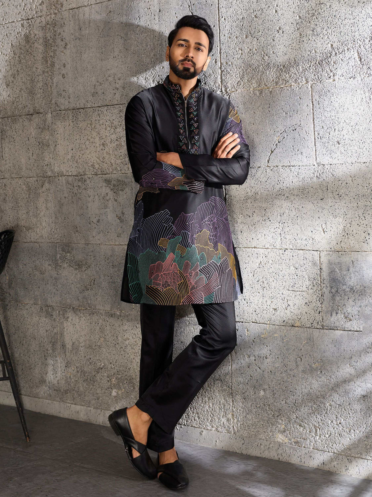 Awesome Black Embroidered Silk Festive Wear Men’s Kurta Set