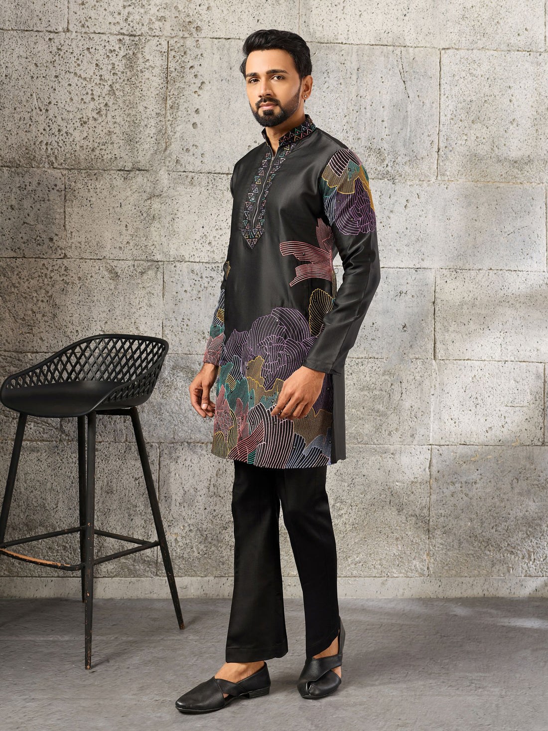Awesome Black Embroidered Silk Festive Wear Men’s Kurta Set