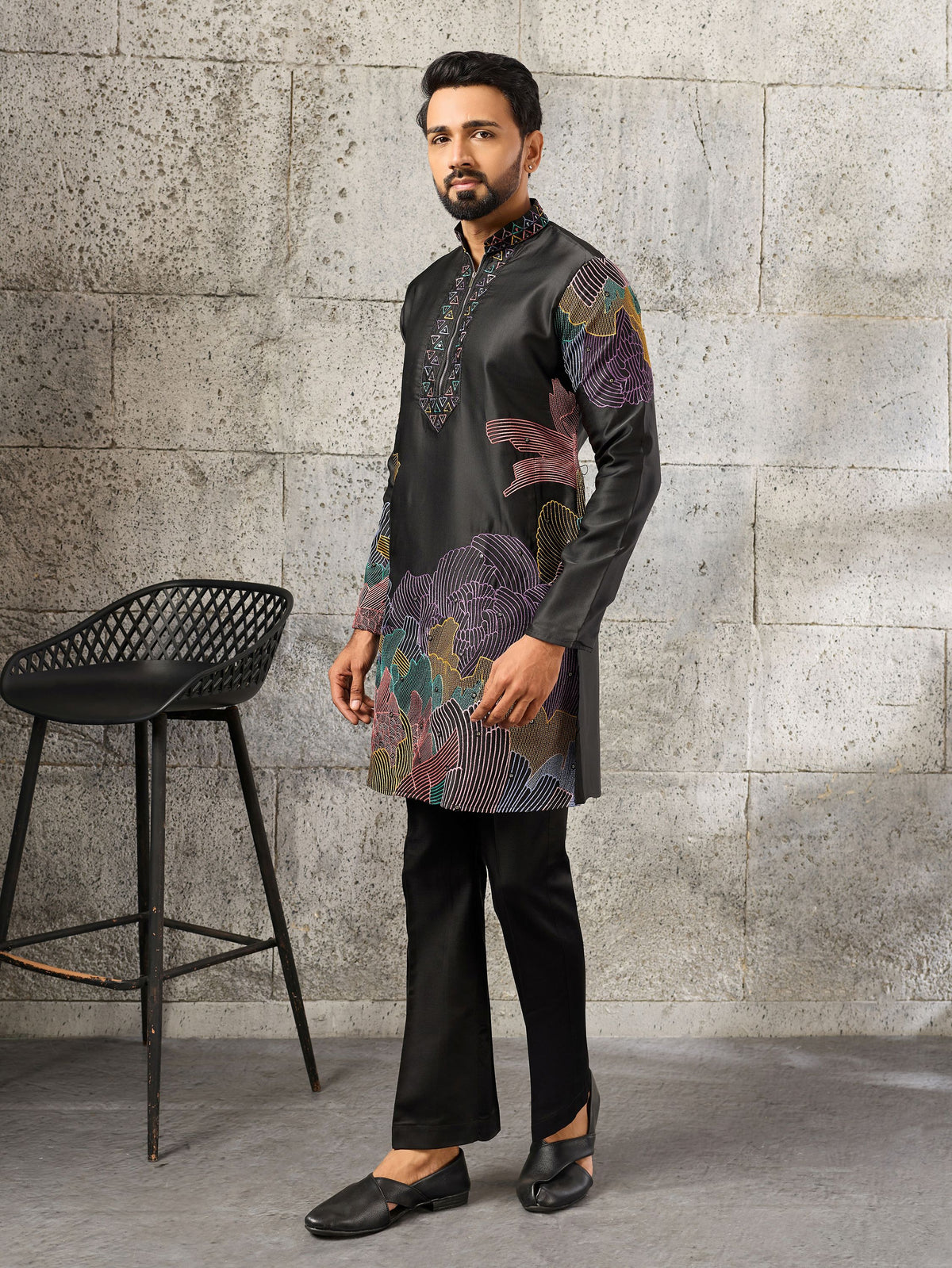 Awesome Black Embroidered Silk Festive Wear Men’s Kurta Set