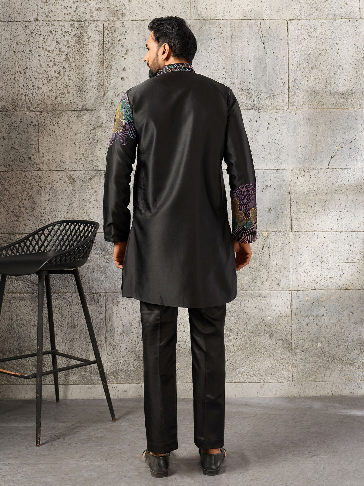 Awesome Black Embroidered Silk Festive Wear Men’s Kurta Set