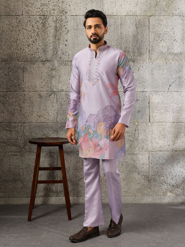 Elegant Lavender Embroidered Silk Festive Wear Men’s Kurta Set