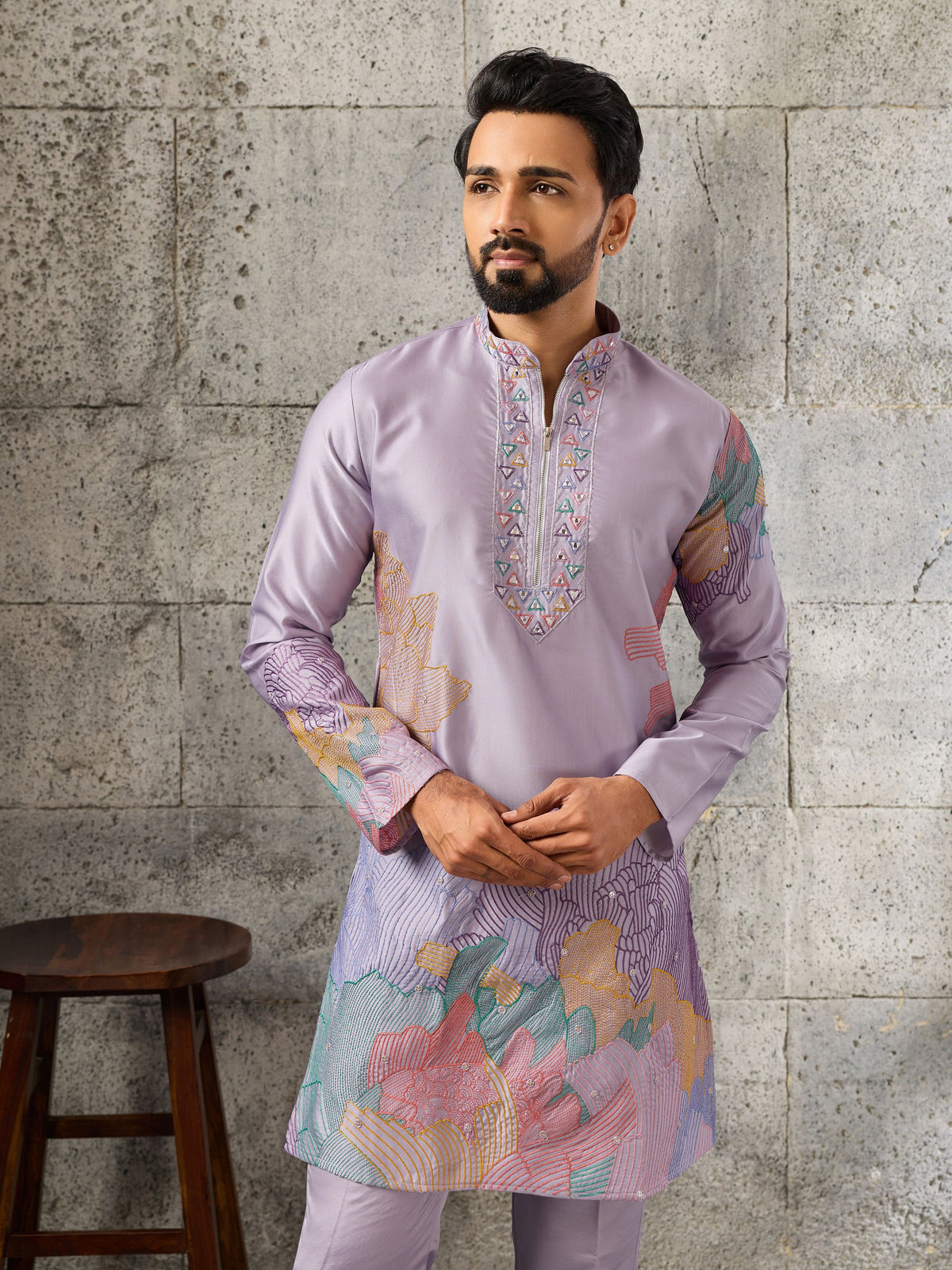 Elegant Lavender Embroidered Silk Festive Wear Men’s Kurta Set