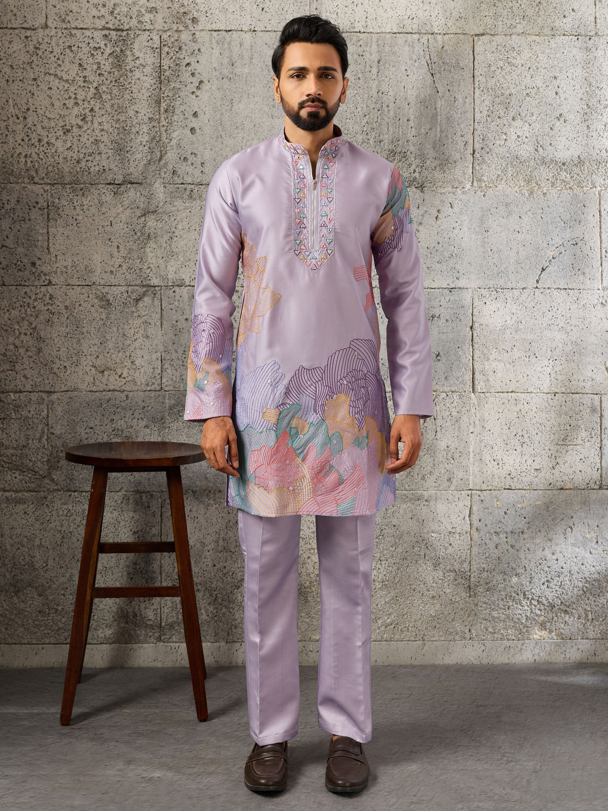 Elegant Lavender Embroidered Silk Festive Wear Men’s Kurta Set