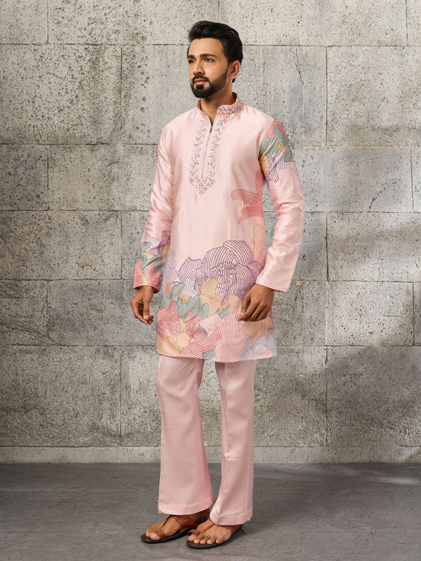 Fabulous Pink Embroidered Silk Wedding Wear Men’s Kurta Set