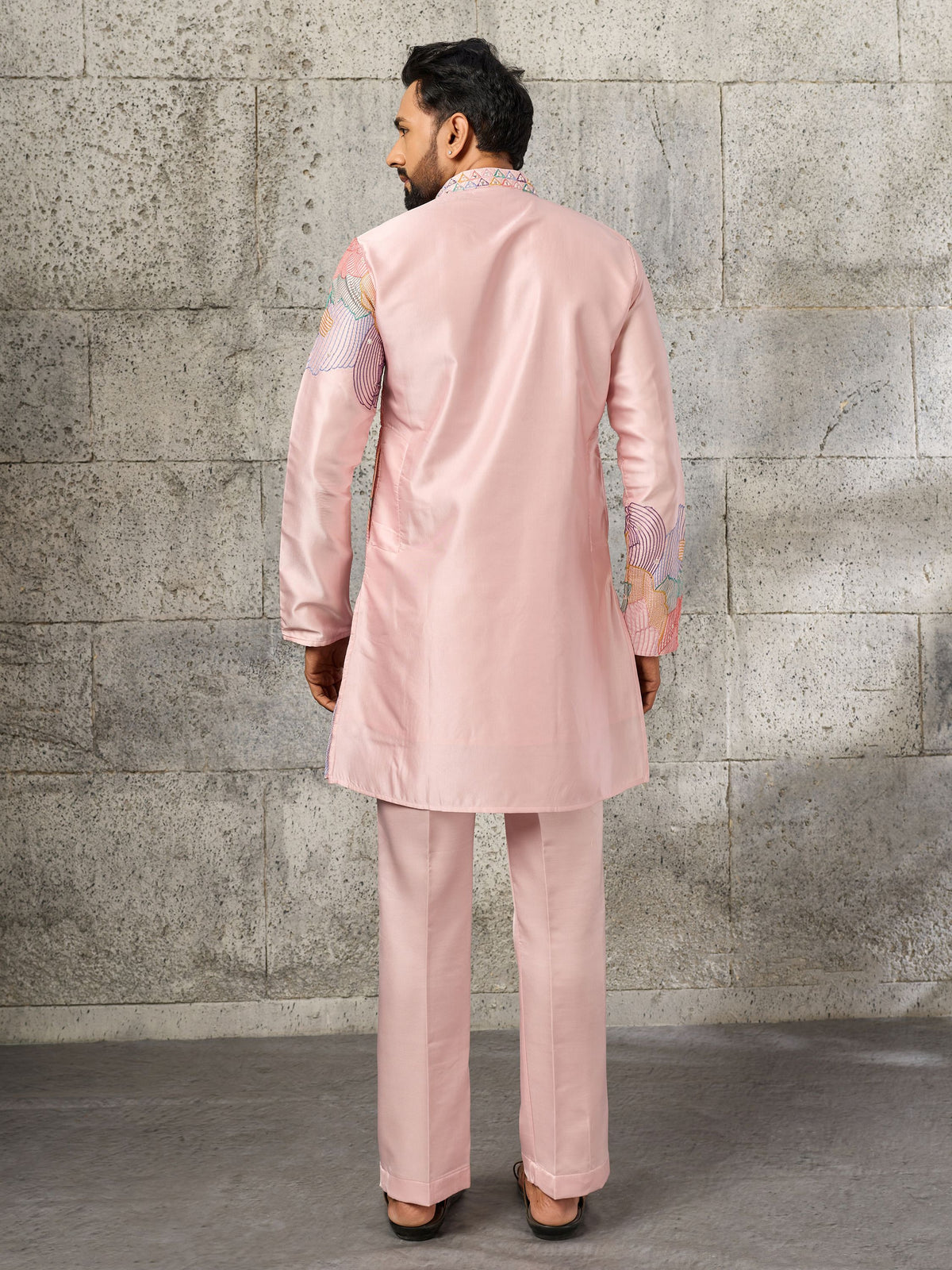 Fabulous Pink Embroidered Silk Wedding Wear Men’s Kurta Set