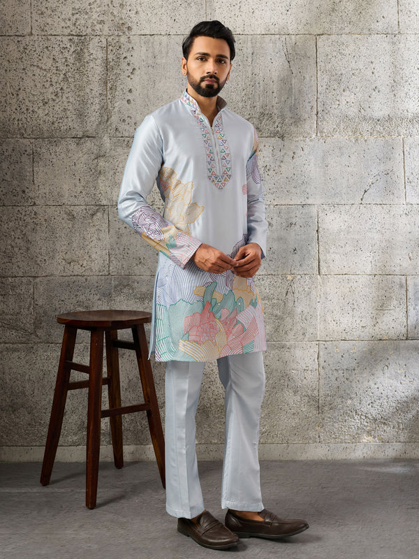 Beautiful Sky Blue Embroidered Silk Function Wear Men’s Kurta Set