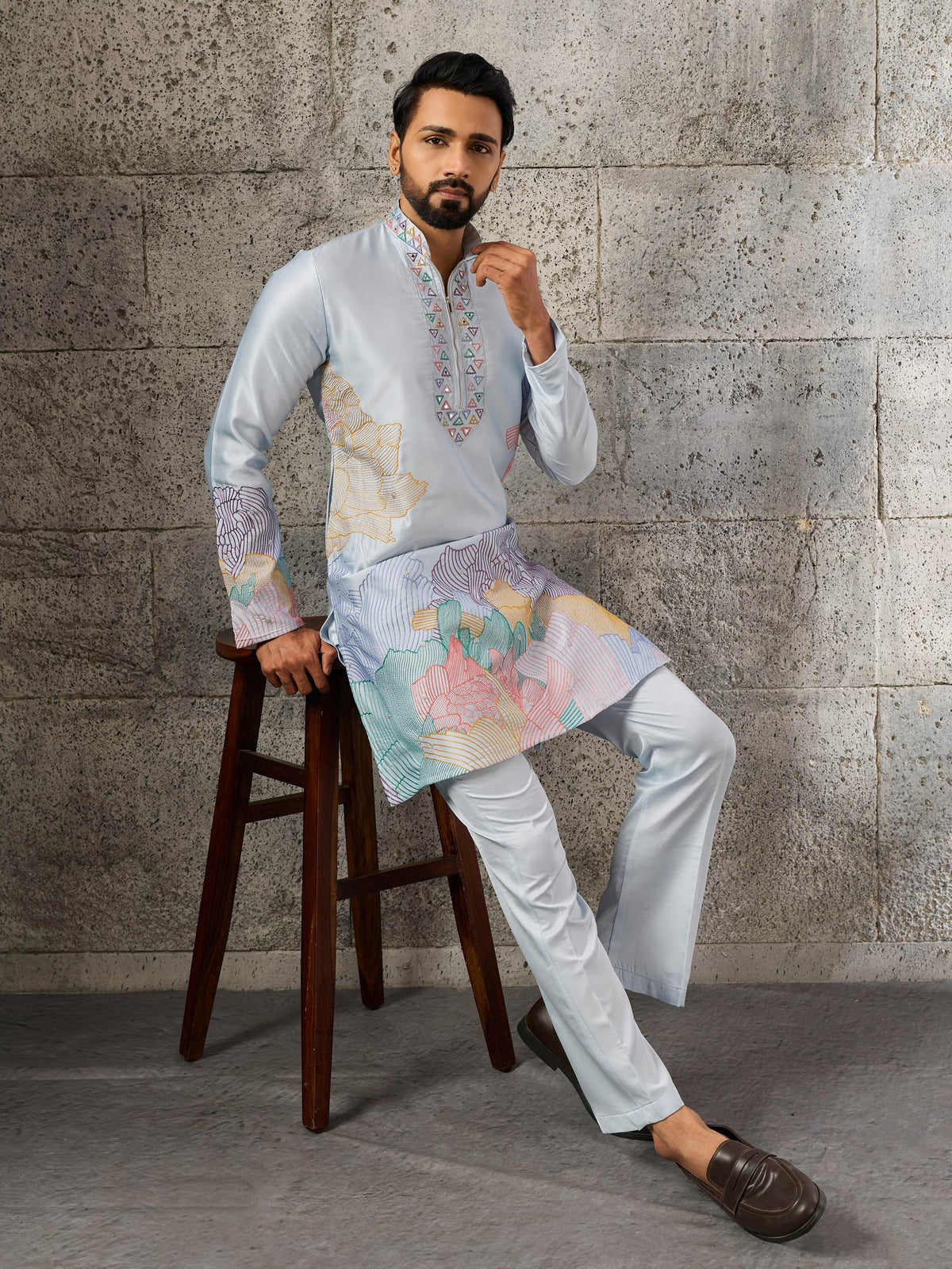 Beautiful Sky Blue Embroidered Silk Function Wear Men’s Kurta Set