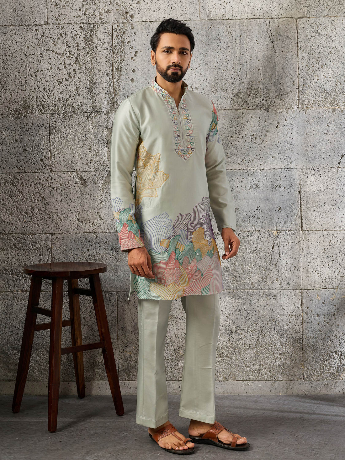 Fashionable Pista Green Embroidered Silk Festive Wear Men’s Kurta Set