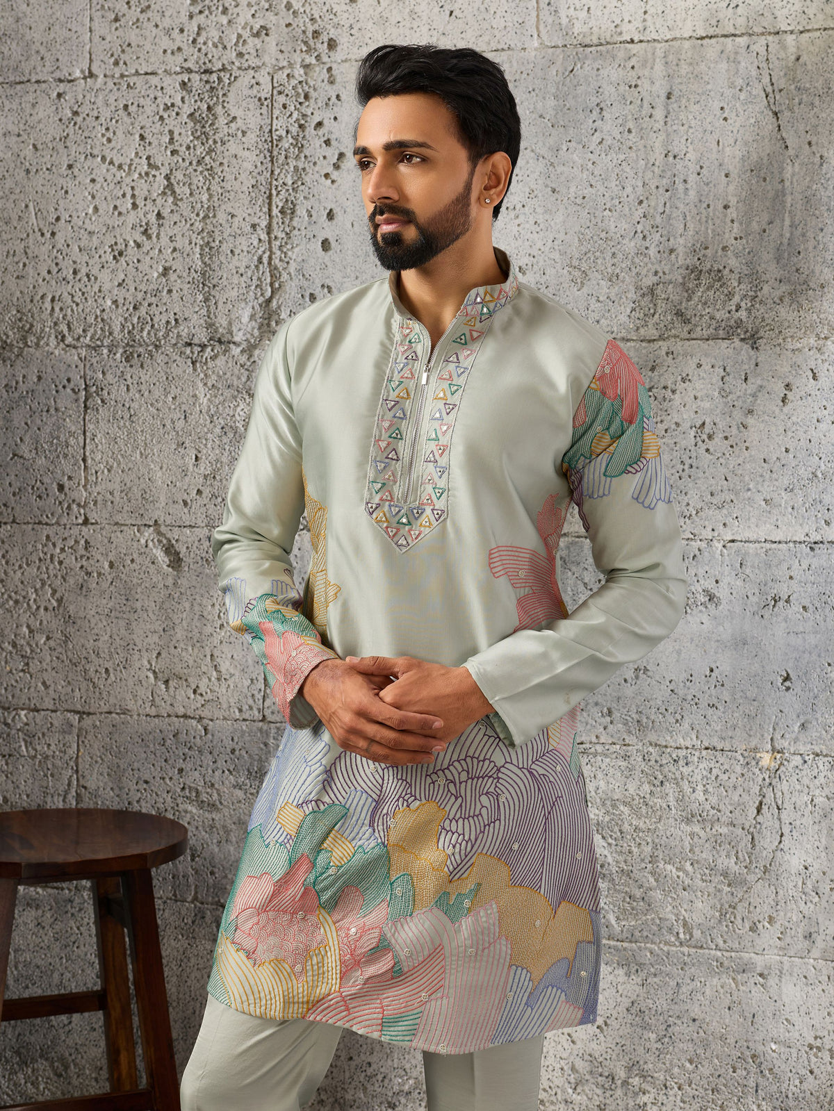 Fashionable Pista Green Embroidered Silk Festive Wear Men’s Kurta Set