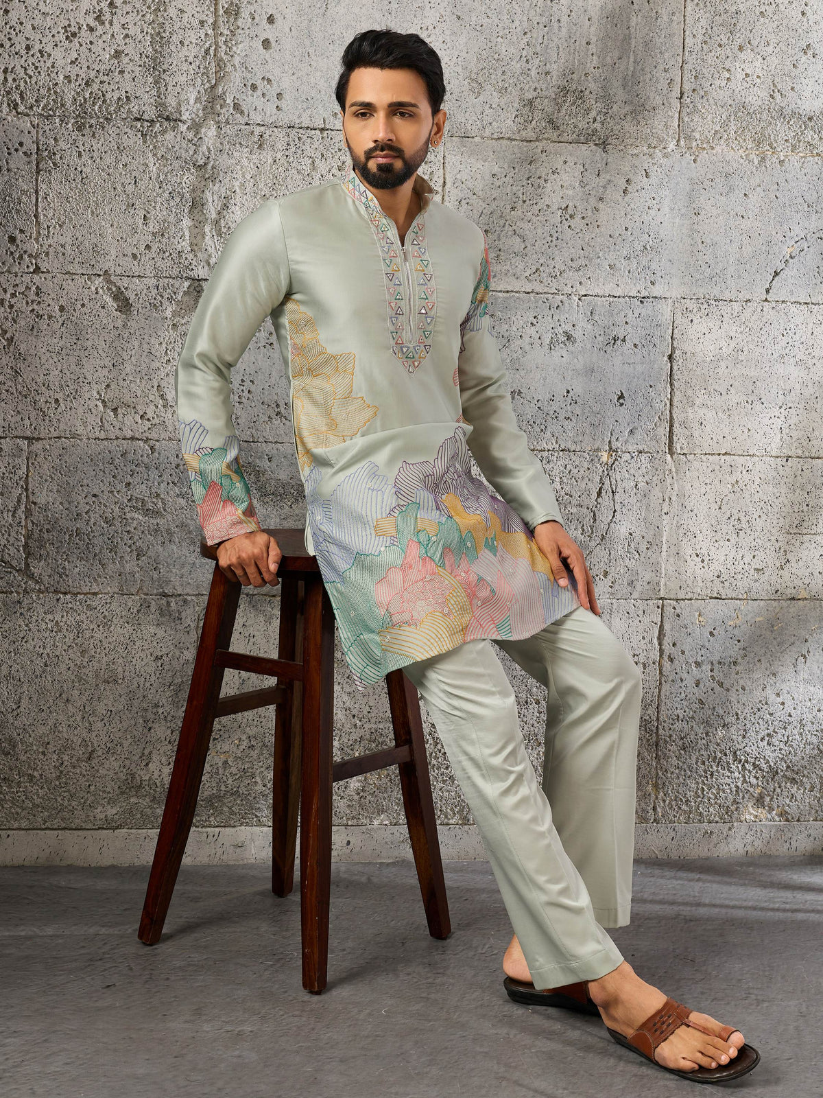 Fashionable Pista Green Embroidered Silk Festive Wear Men’s Kurta Set