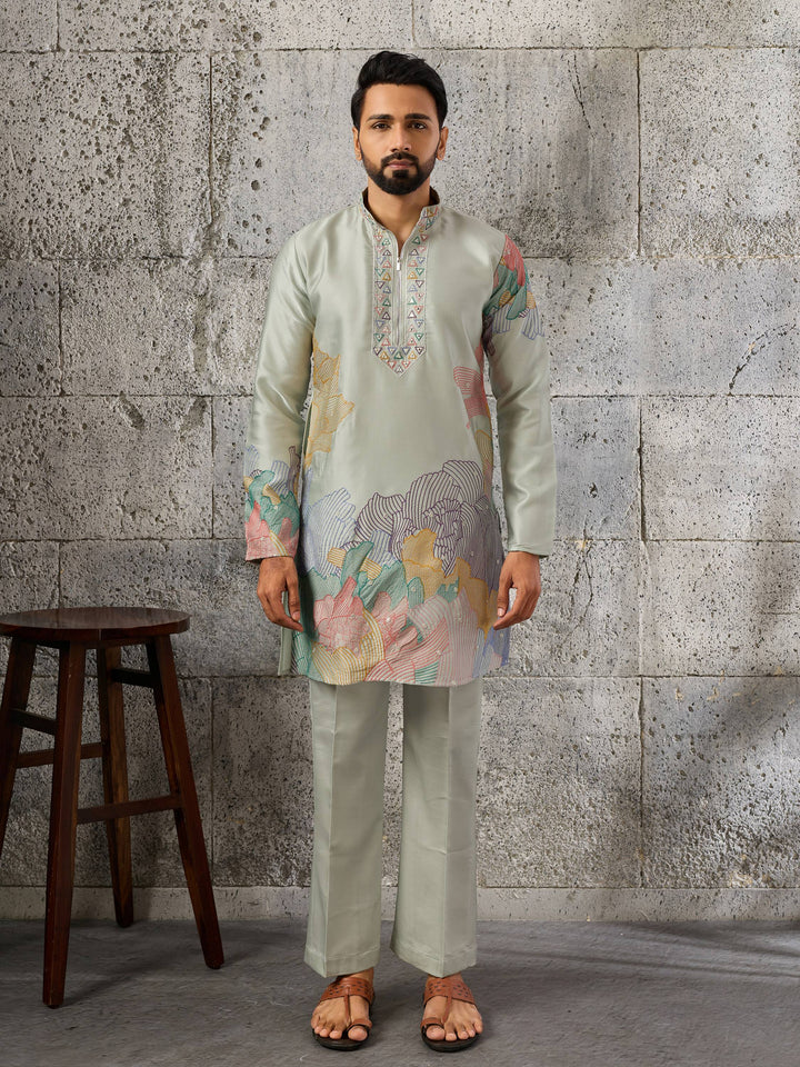 Fashionable Pista Green Embroidered Silk Festive Wear Men’s Kurta Set