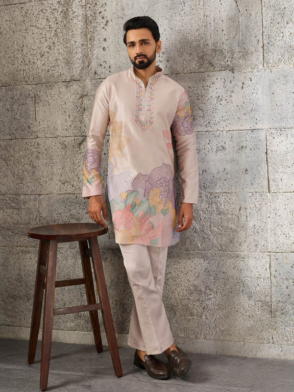 Classy Peach Sequins Work Silk Event Wear Men’s Kurta Set