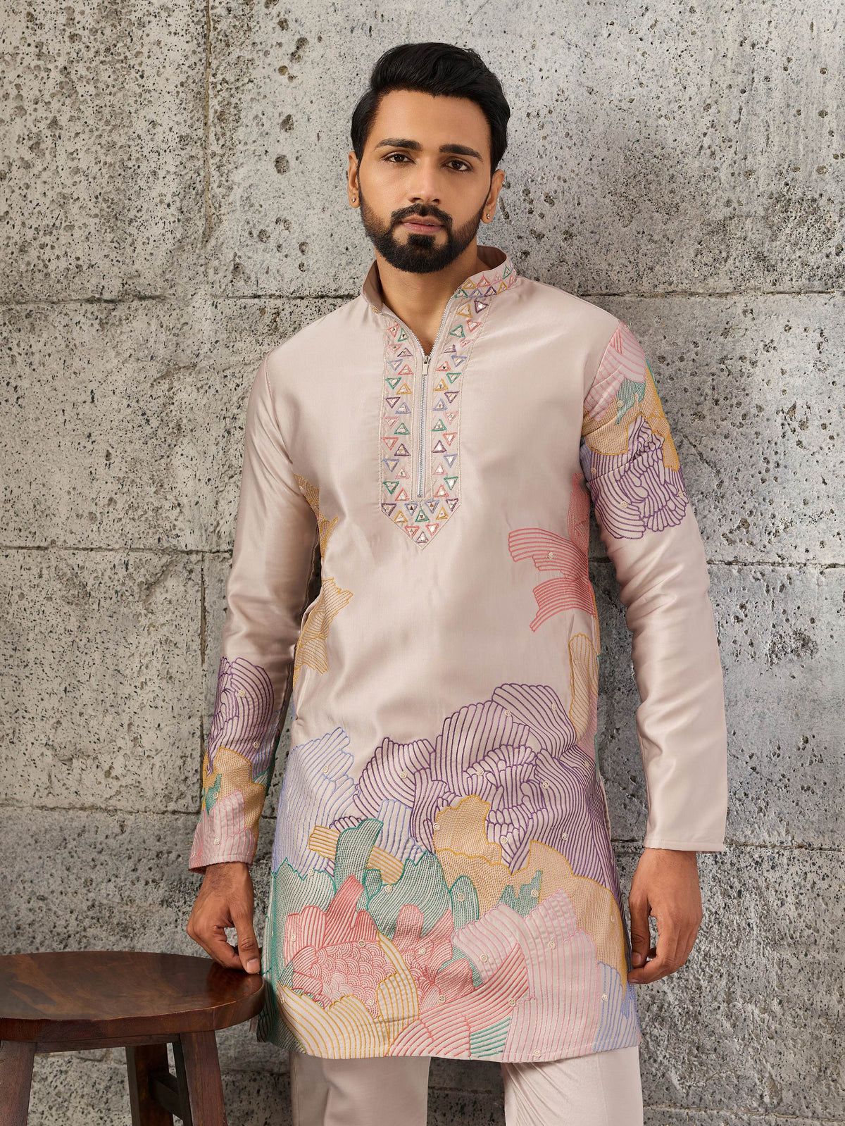Classy Peach Sequins Work Silk Event Wear Men’s Kurta Set