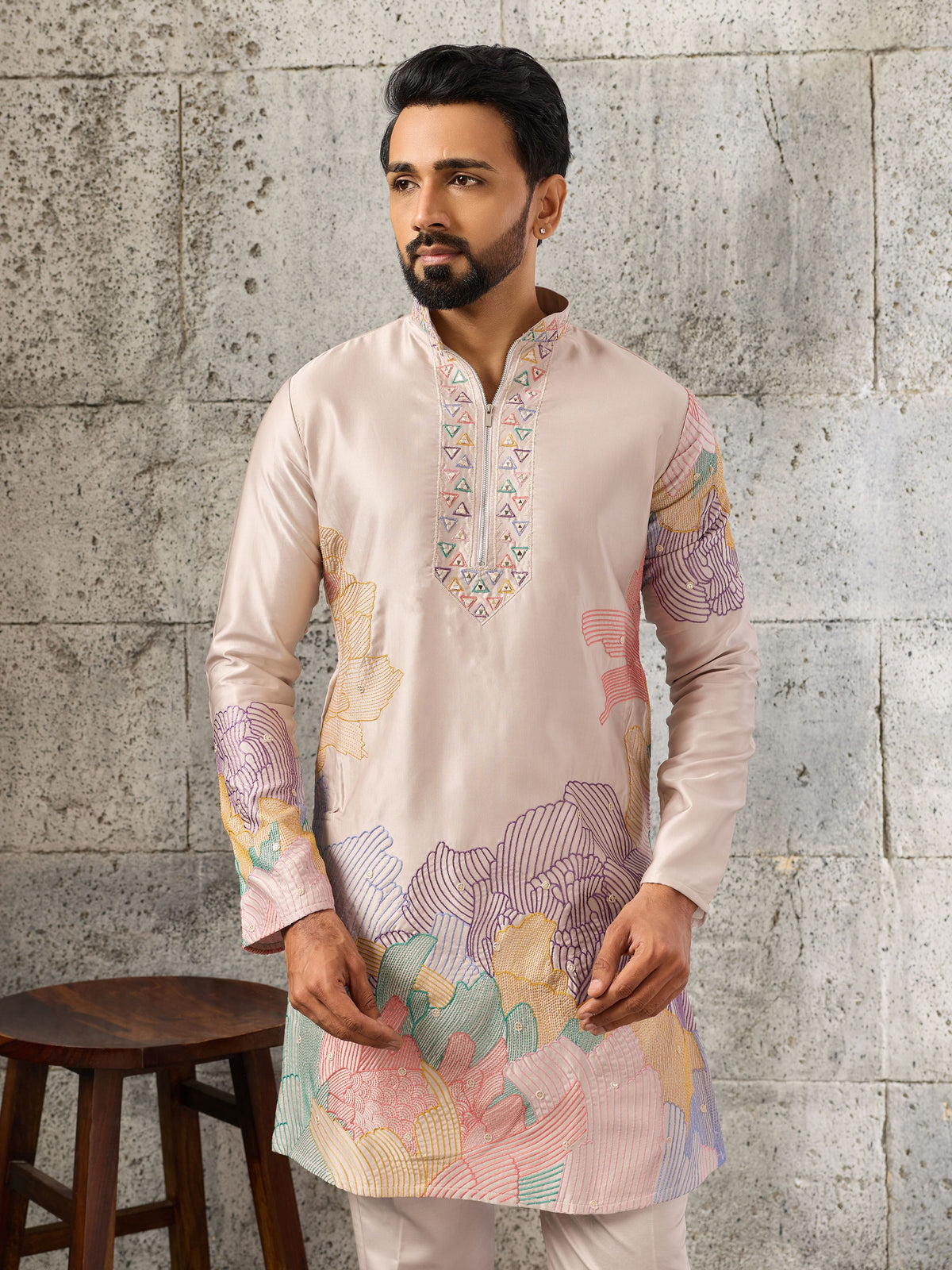 Classy Peach Sequins Work Silk Event Wear Men’s Kurta Set