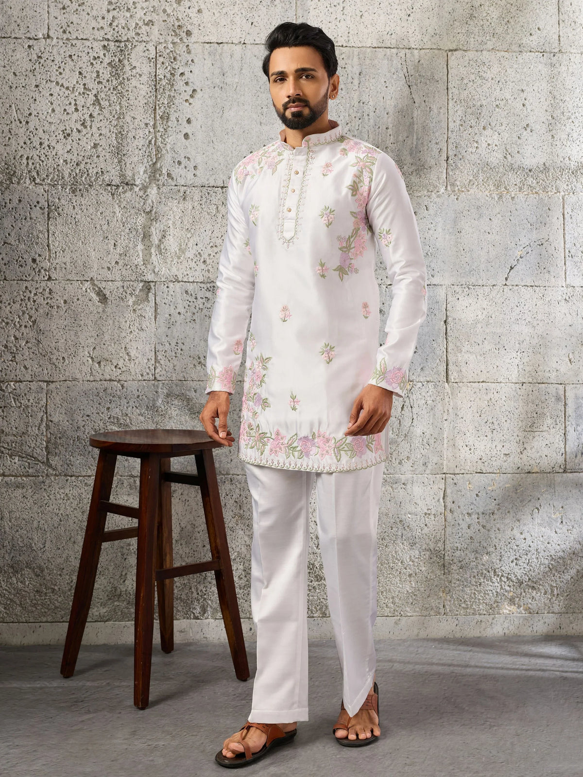 Premium White Embroidered Silk Wedding Wear Men’s Kurta Set