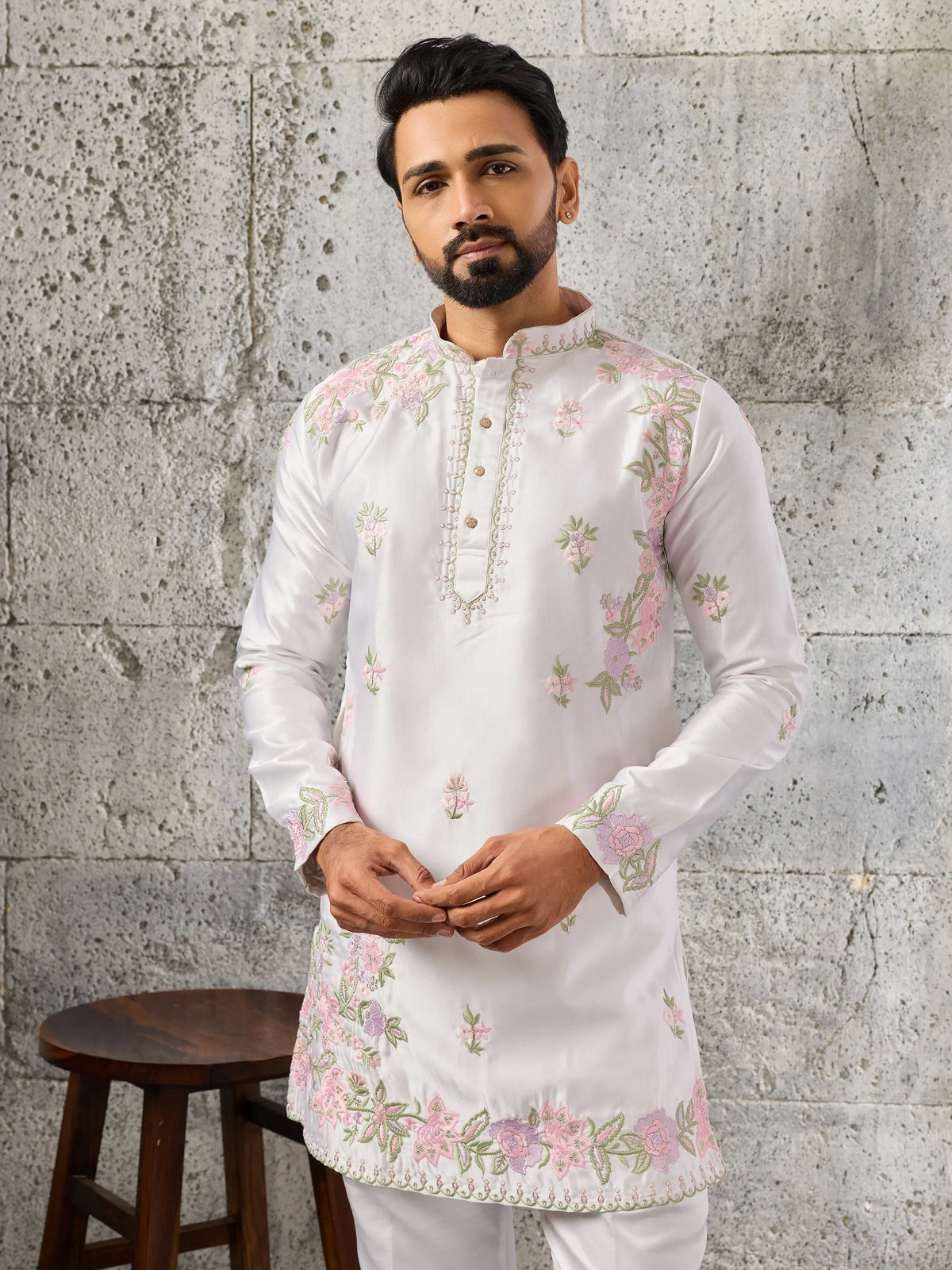 Premium White Embroidered Silk Wedding Wear Men’s Kurta Set