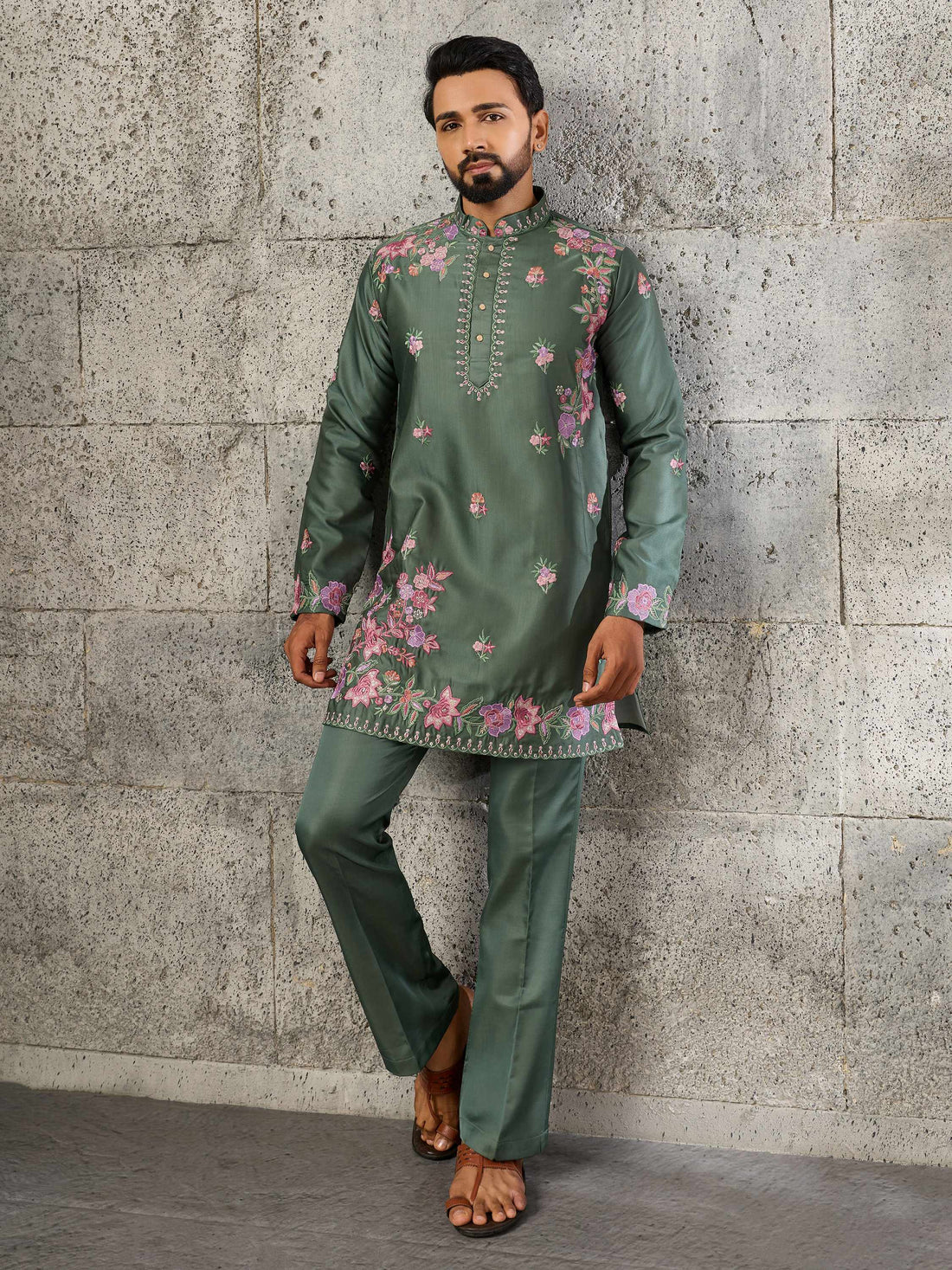 Royal Green Sequins Work Silk Wedding Wear Men’s Kurta Set