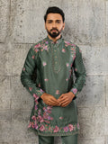 Royal Green Sequins Work Silk Wedding Wear Men’s Kurta Set