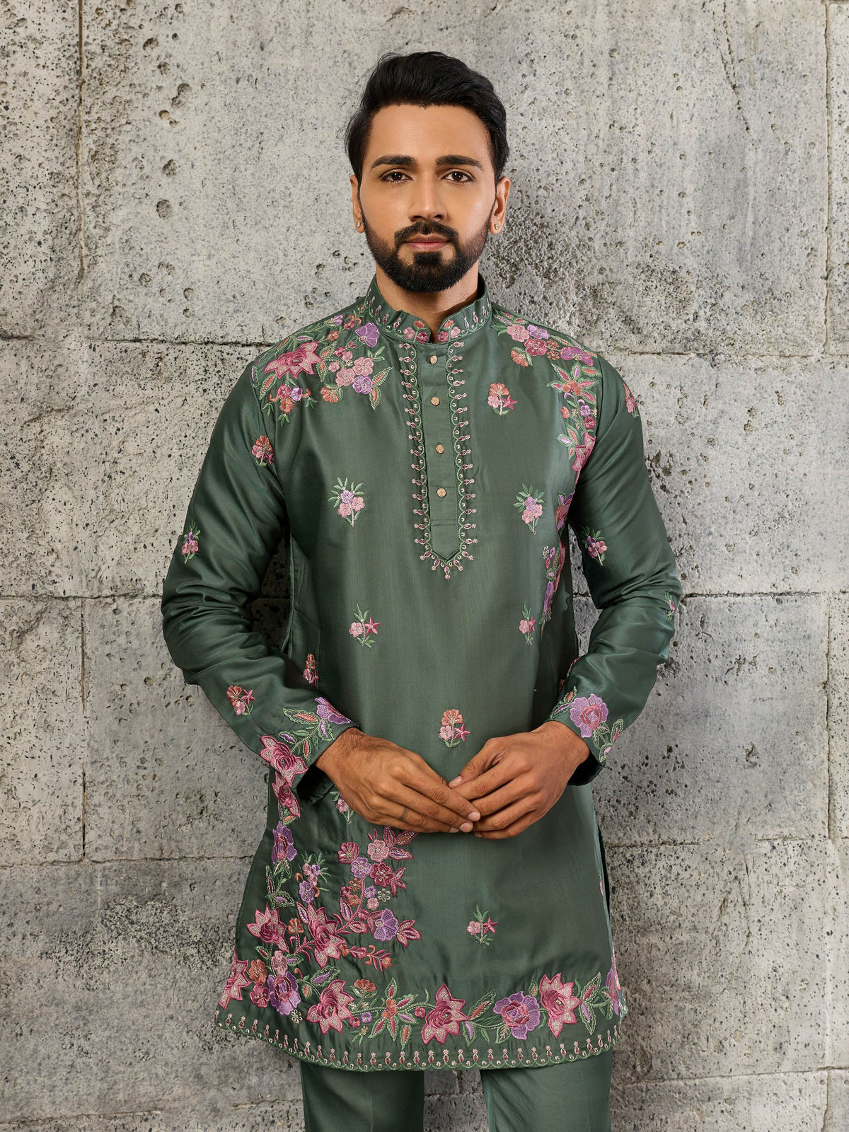 Royal Green Sequins Work Silk Wedding Wear Men’s Kurta Set