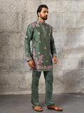 Royal Green Sequins Work Silk Wedding Wear Men’s Kurta Set