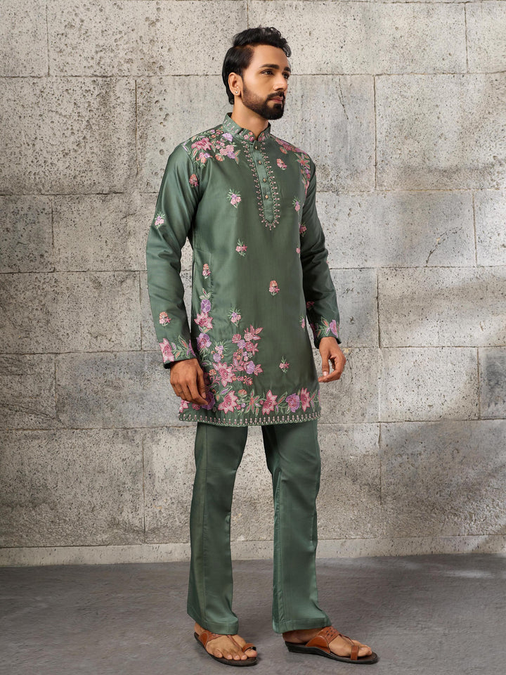Royal Green Sequins Work Silk Wedding Wear Men’s Kurta Set