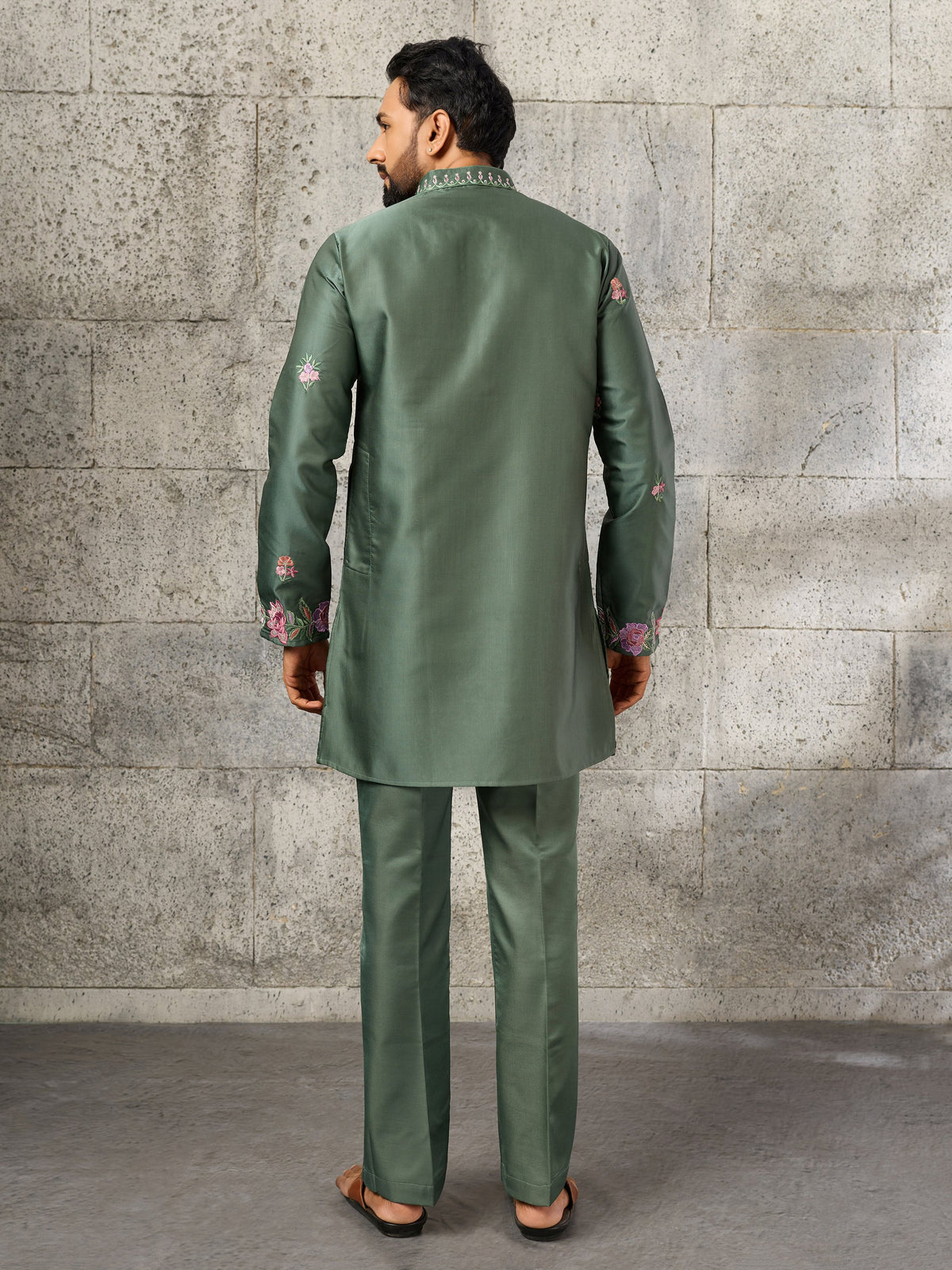 Royal Green Sequins Work Silk Wedding Wear Men’s Kurta Set