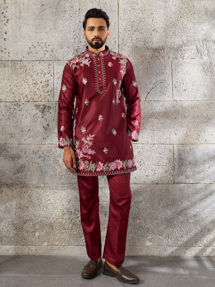 Dashing Maroon Embroidered Silk Function Wear Men’s Kurta Set